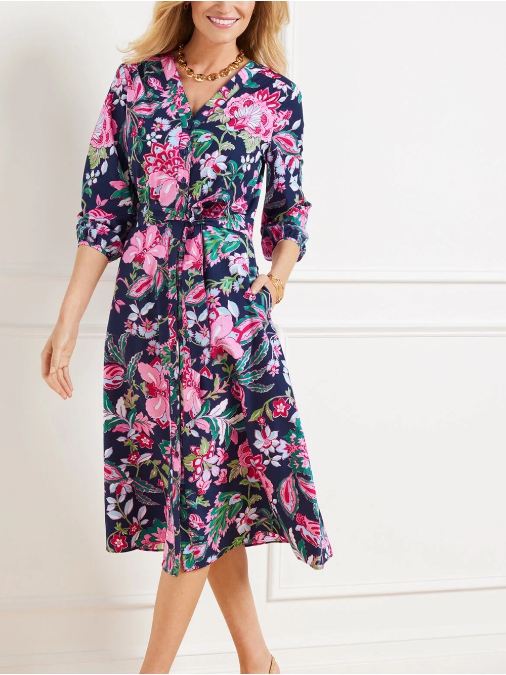 Talbots 100% Cotton Navy Floral Wrap Dress with Pink & Green Accents